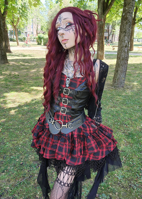 Dark in Love Red Plaid & Faux Leather Layered Punk Sweetcore Dress