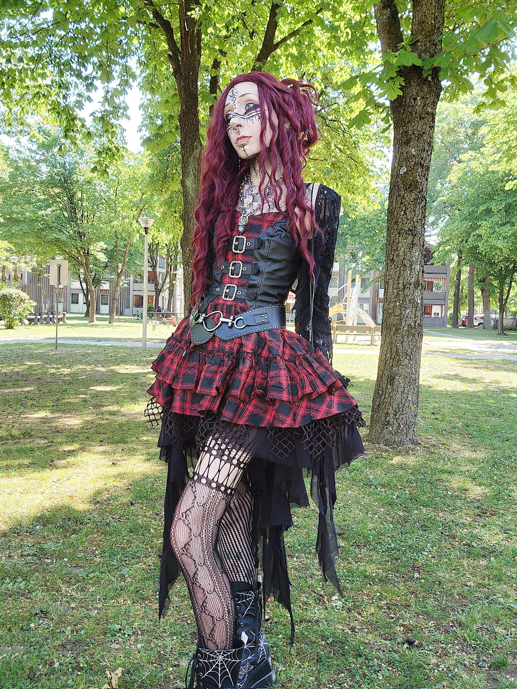 Dark in Love Red Plaid & Faux Leather Layered Punk Sweetcore Dress