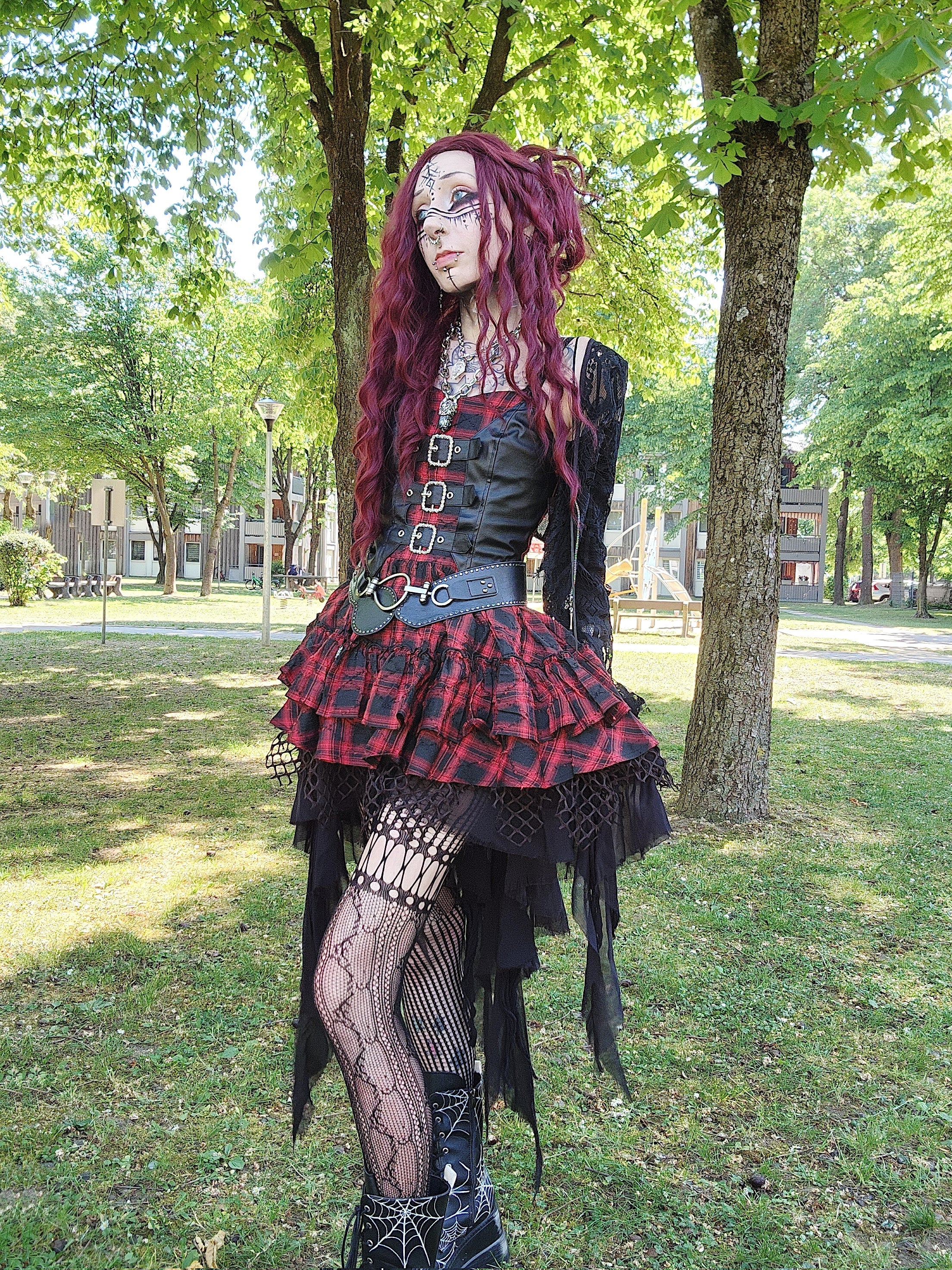 Dark in Love Red Plaid & Faux Leather Layered Punk Sweetcore Dress