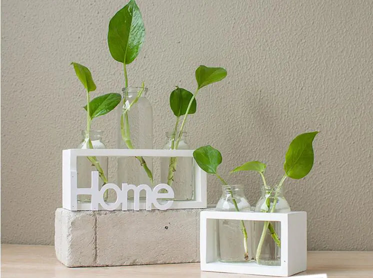 Transparent Glass Hydroponic Vase – Wooden Frame Plant Propagation Planter