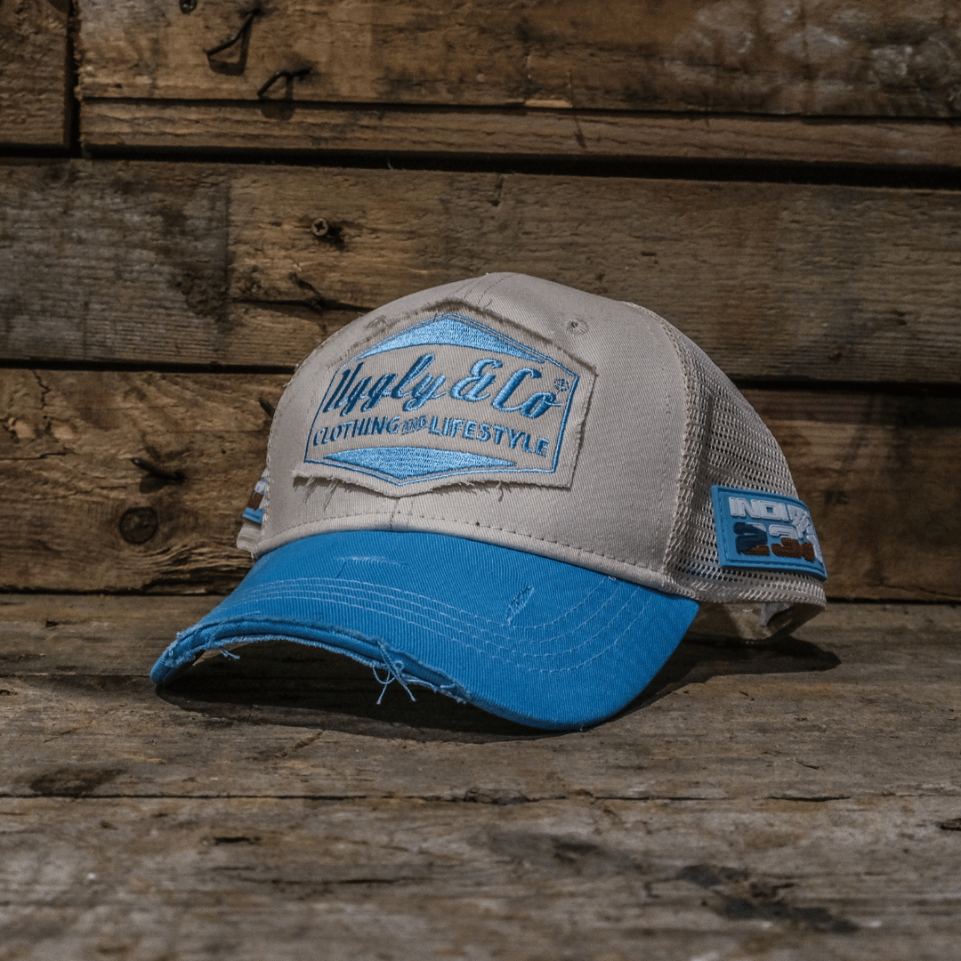 Uggly & Co Sky Blue & White Diamond Vintage Distressed Trucker Hat