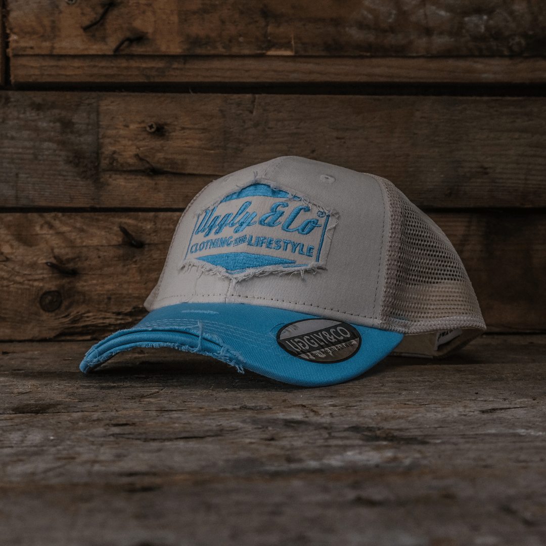 Uggly & Co Sky Blue & White Diamond Vintage Distressed Trucker Hat
