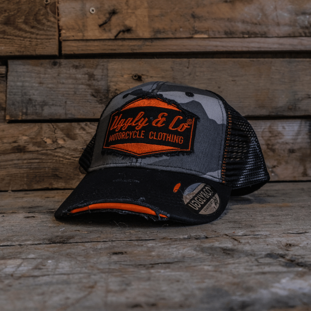 Uggly & Co Grey Camo Diamond Trucker Hat – Distressed Racing Cap