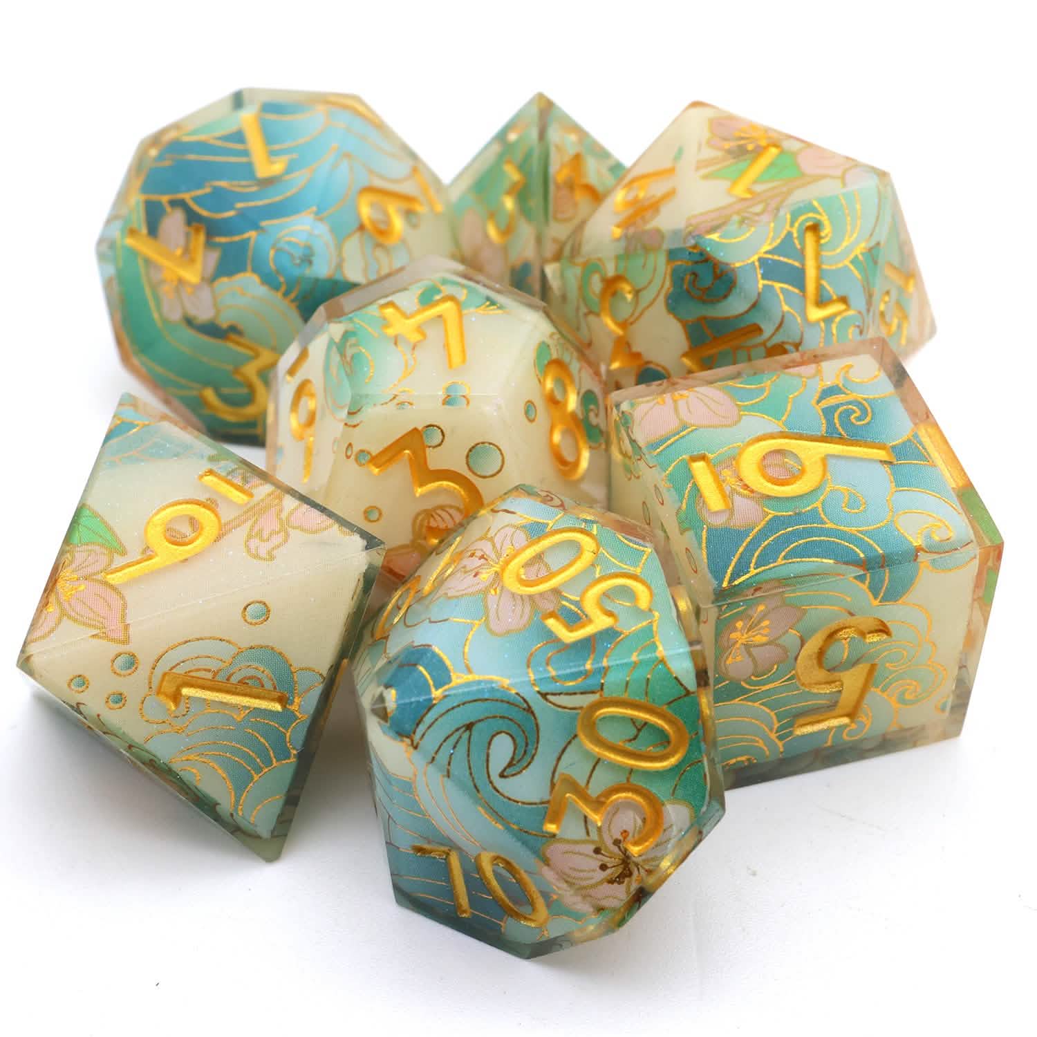 Emerald Tide | Sharp Edge Dice | Resin | 7 Piece Set