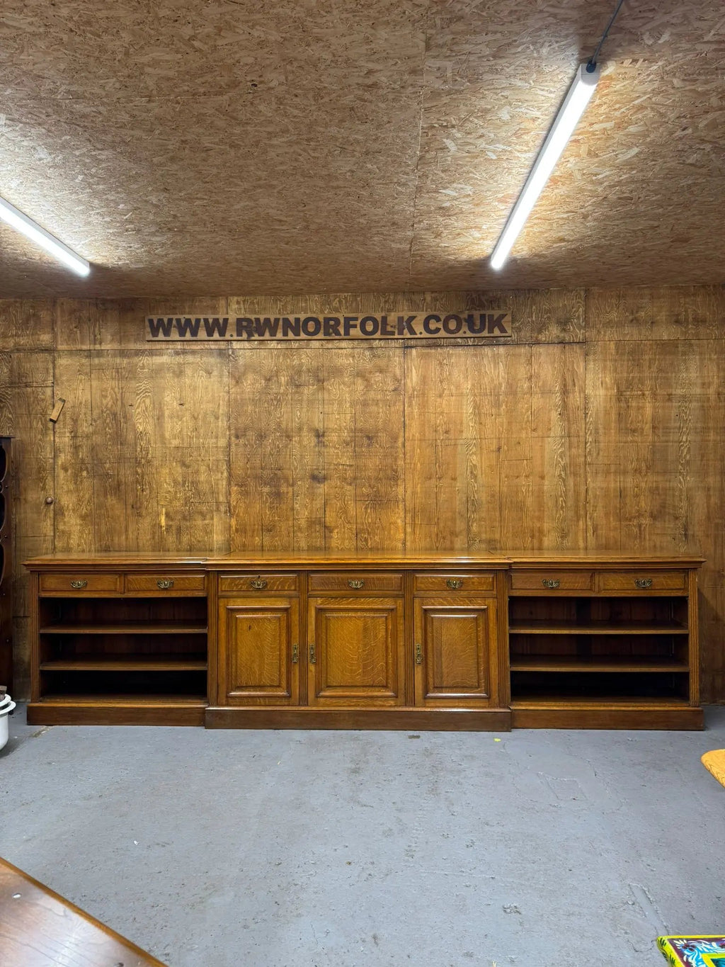 Victorian Solid Oak Breakfront Library Bookcase, TV Stand, Sideboard Display