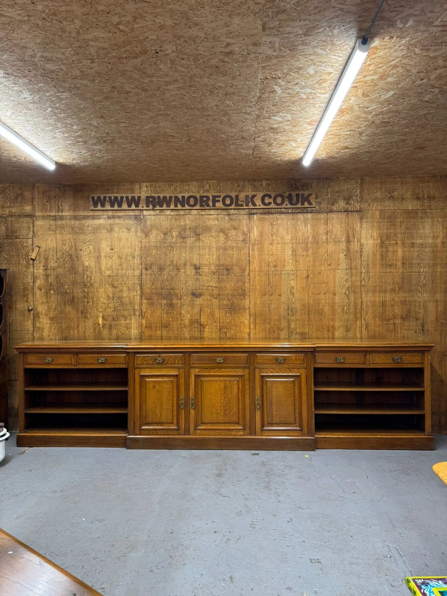 Victorian Solid Oak Breakfront Library Bookcase, TV Stand, Sideboard Display
