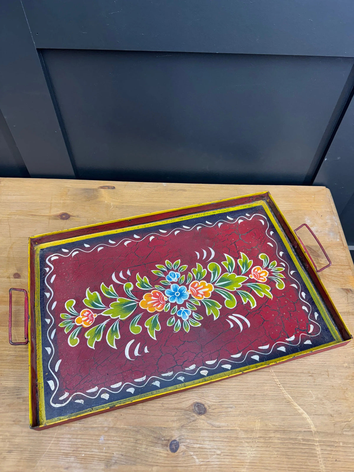Vintage Red Metal Serving Tray | Hand Painted Indian Platter | Rustic Warehouse