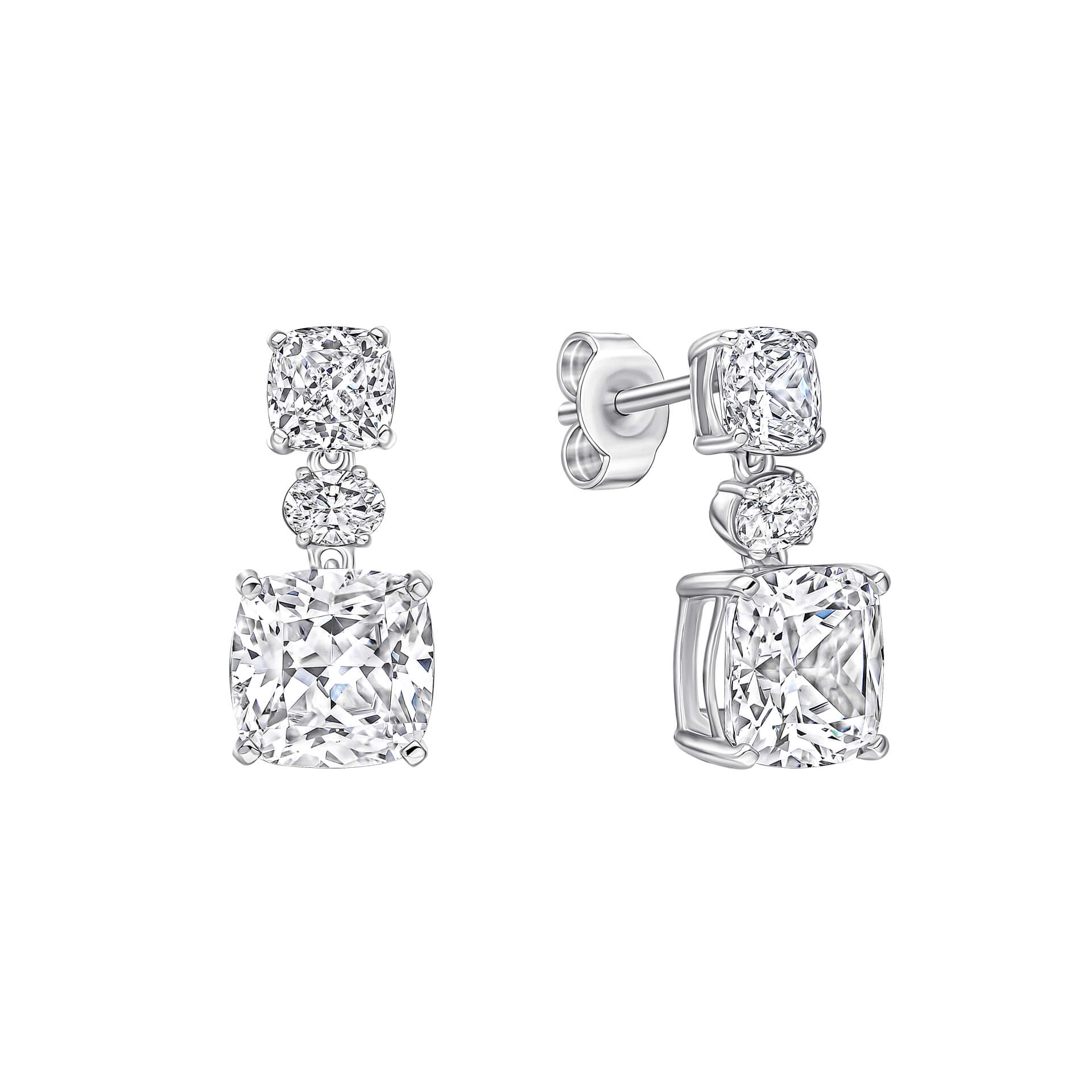 Gecko Jewellery Radiant & Oval Cut Zirconia Drop Earrings in Silver