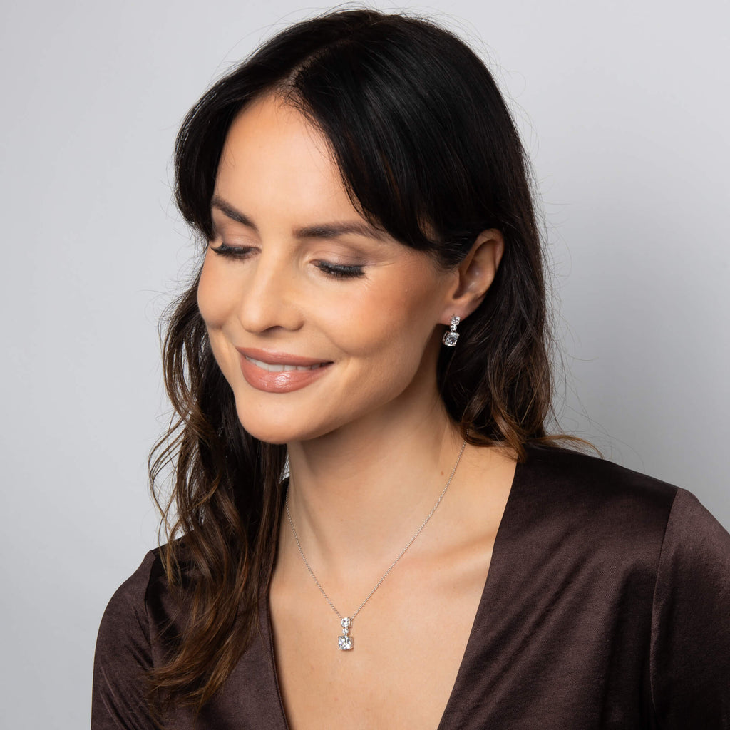 Gecko Jewellery Radiant & Oval Cut Zirconia Drop Pendant in Silver