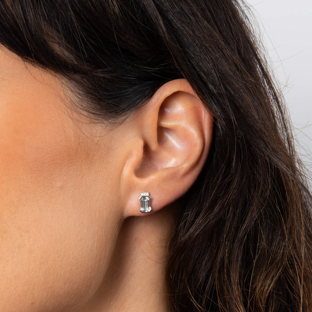 Diamonfire Emerald Cut Half Bezel Stud Earrings in Sterling Silver