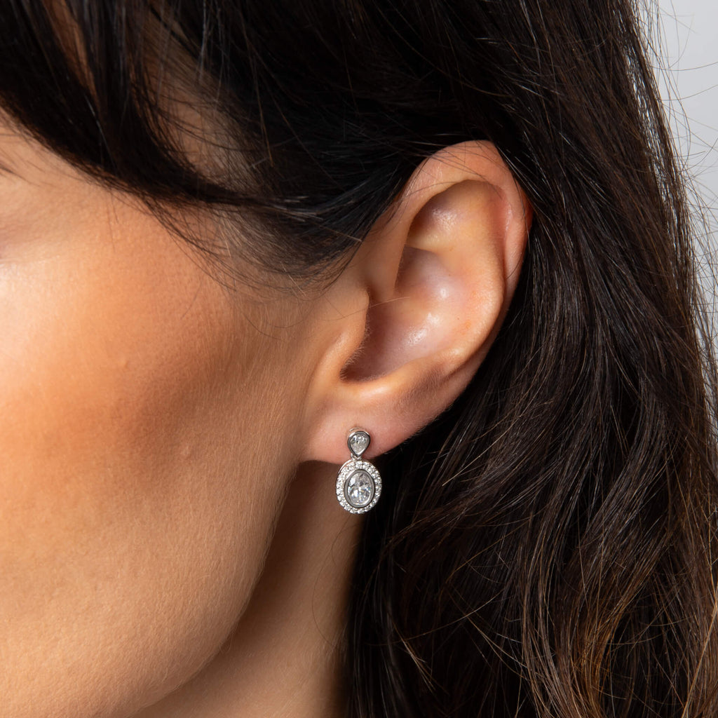 Gecko Jewellery Halo Double Drop Stud Earrings | Sterling Silver Zirconia