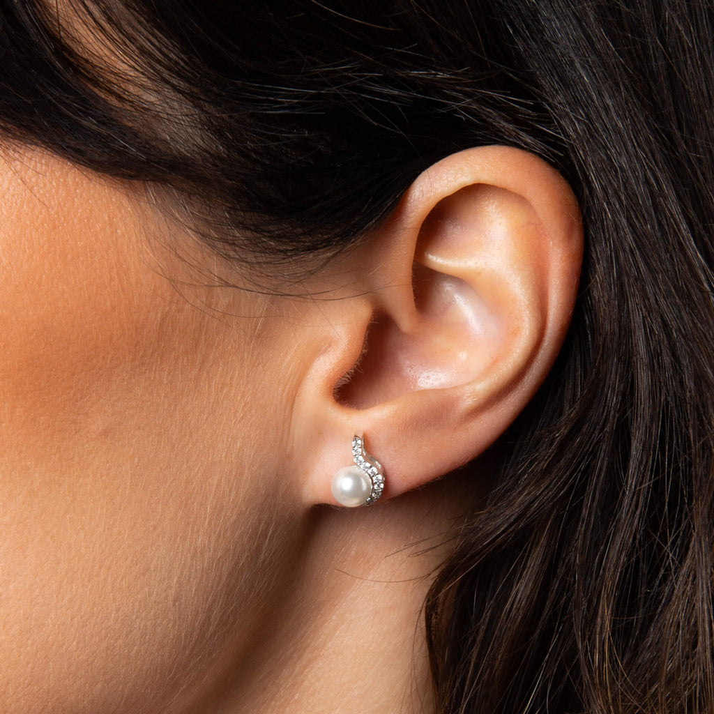 Gecko Jewellery Half Halo Pearl Stud Earrings in Sterling Silver