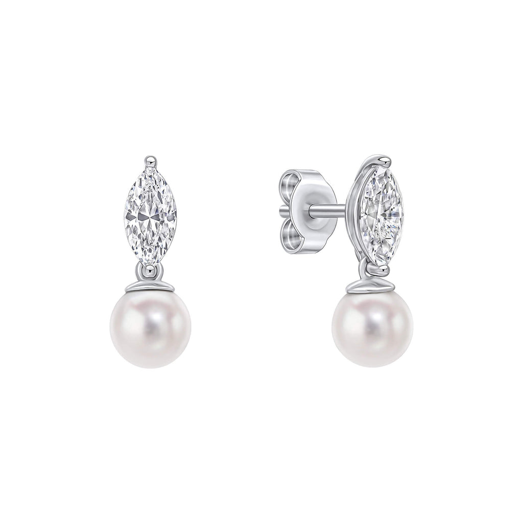 Gecko Jewellery Marquise Pearl Drop Stud Earrings in Sterling Silver