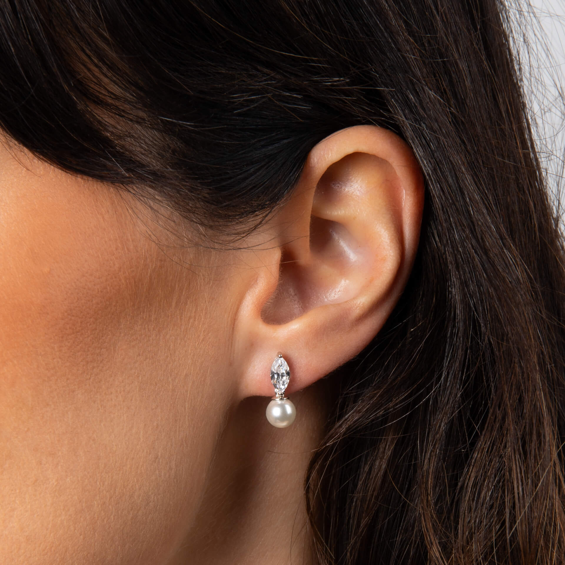Gecko Jewellery Marquise Pearl Drop Stud Earrings in Sterling Silver
