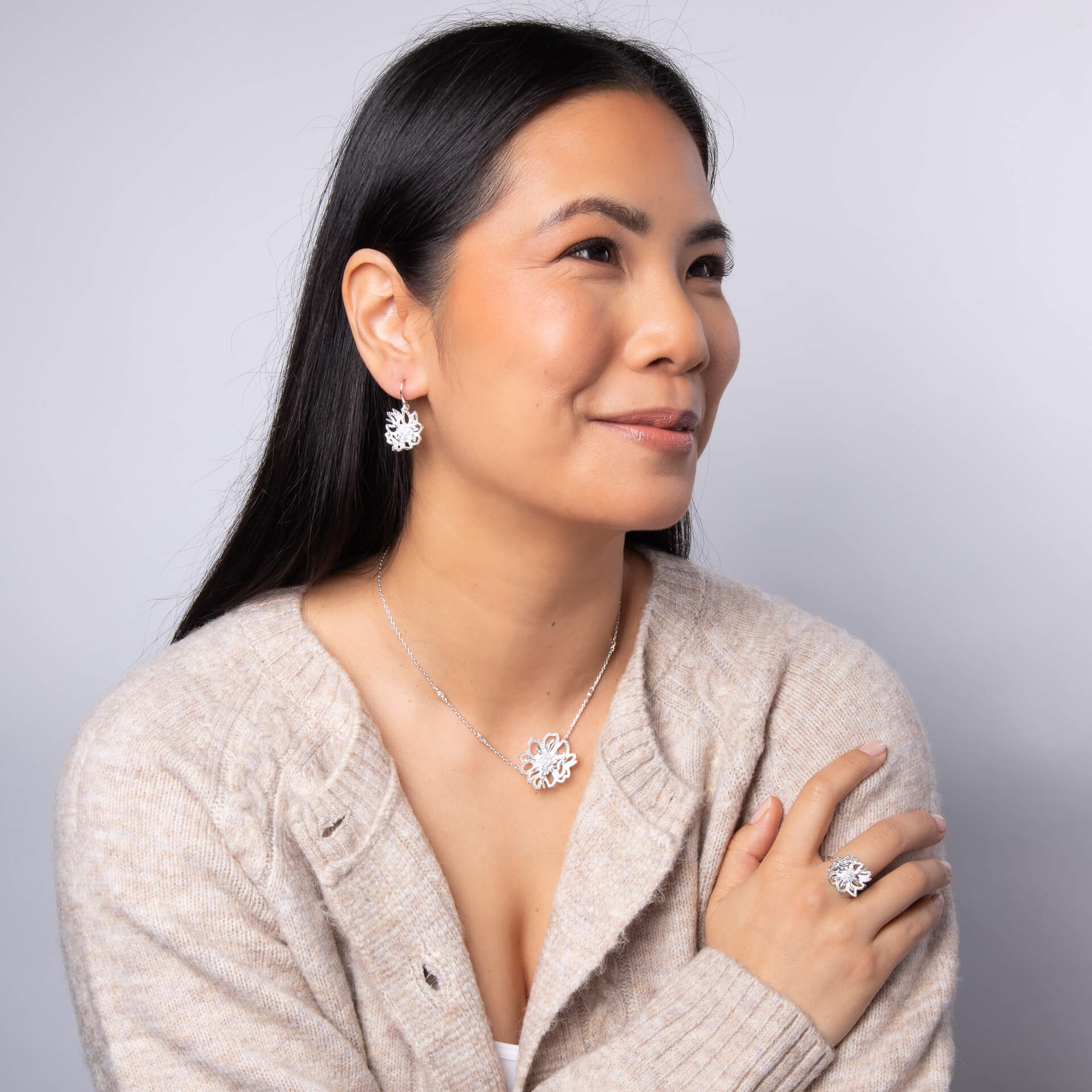 Redford Vine Flower Necklace | Silver-Plated Brass with Cubic Zirconia