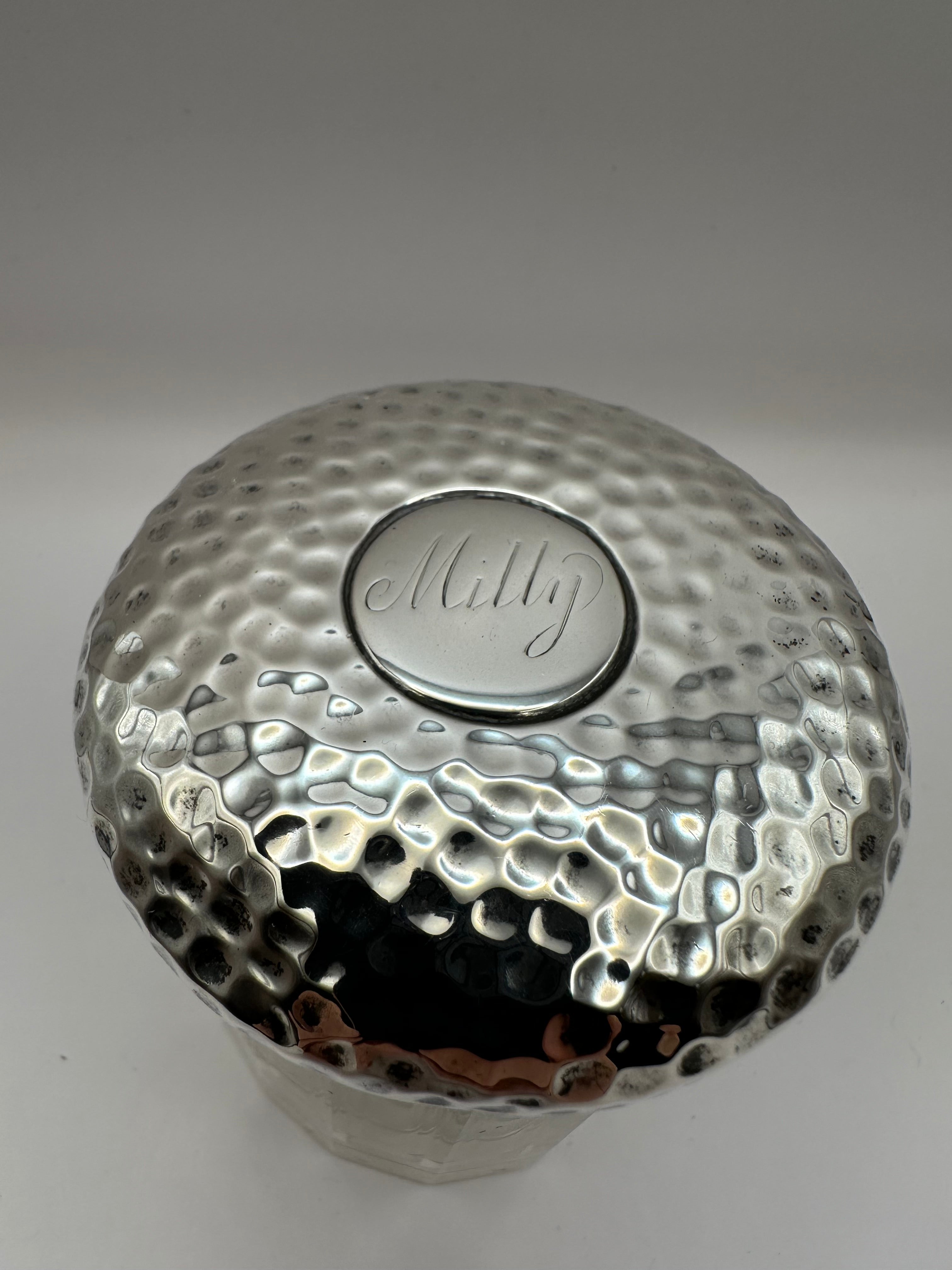 Antique Solid Sterling Silver Topped Cut Glass Pot  / Inscribed With Milly