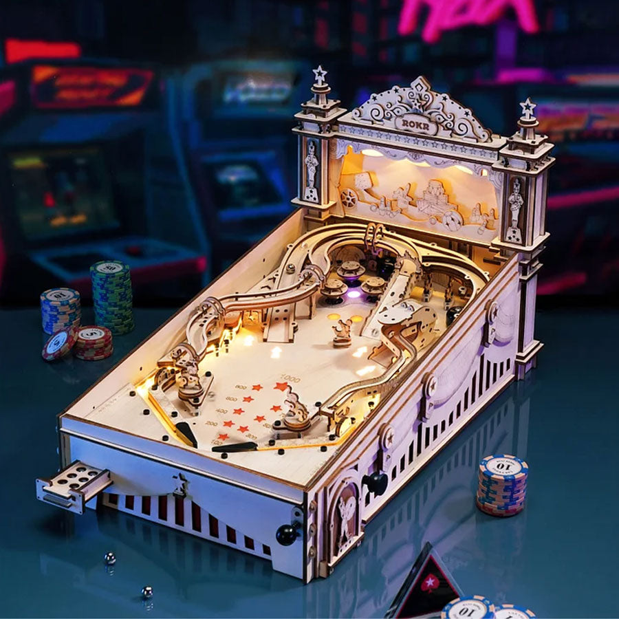 ROKR 3D Pinball Machine Wooden Puzzle Kit – Retro Mechanical Model