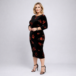 Black Red 3/4 Sleeve Stretch Velvet Midi Dress