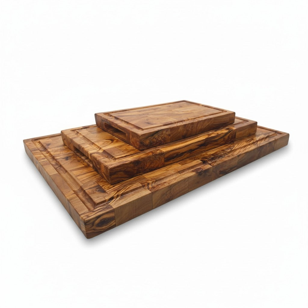 Professional Rectangular End Grain Olive Wood Cutting Board - Heavy Duty Butcher Block with Juice Groove & Handles