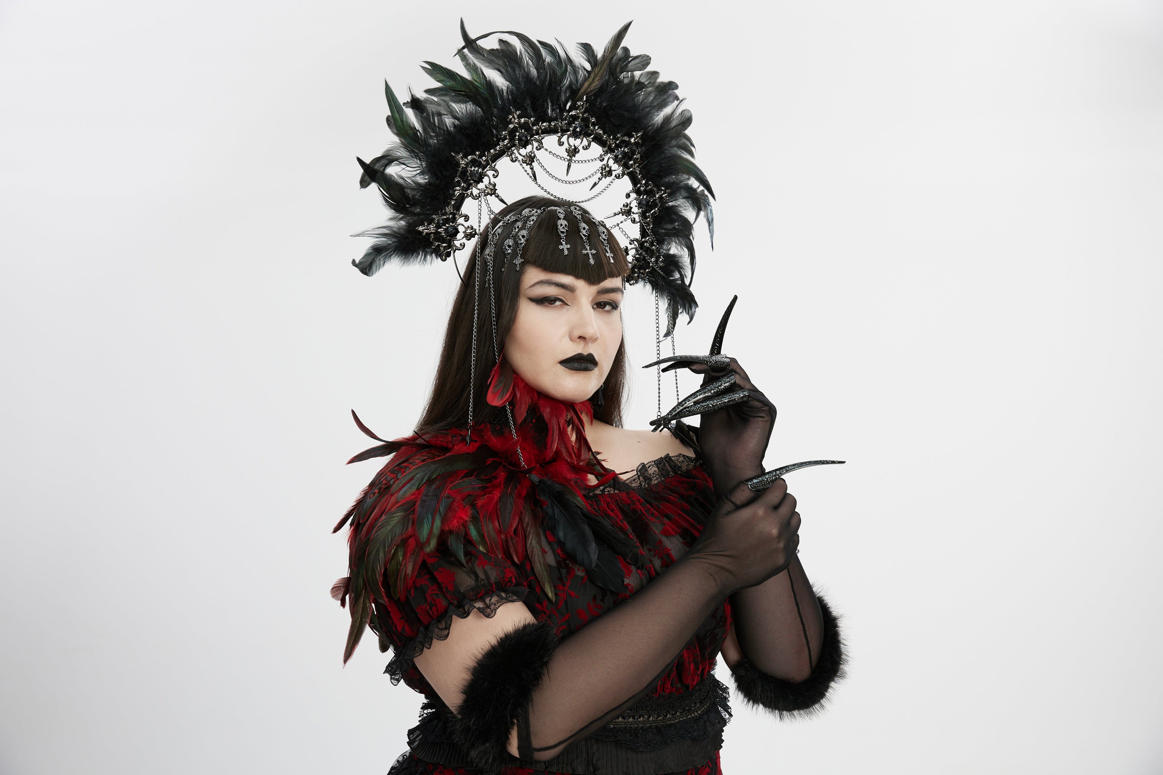 Punk Rave Fluffy Goth Gloves – Opera Length Mesh with Faux Fur Claws