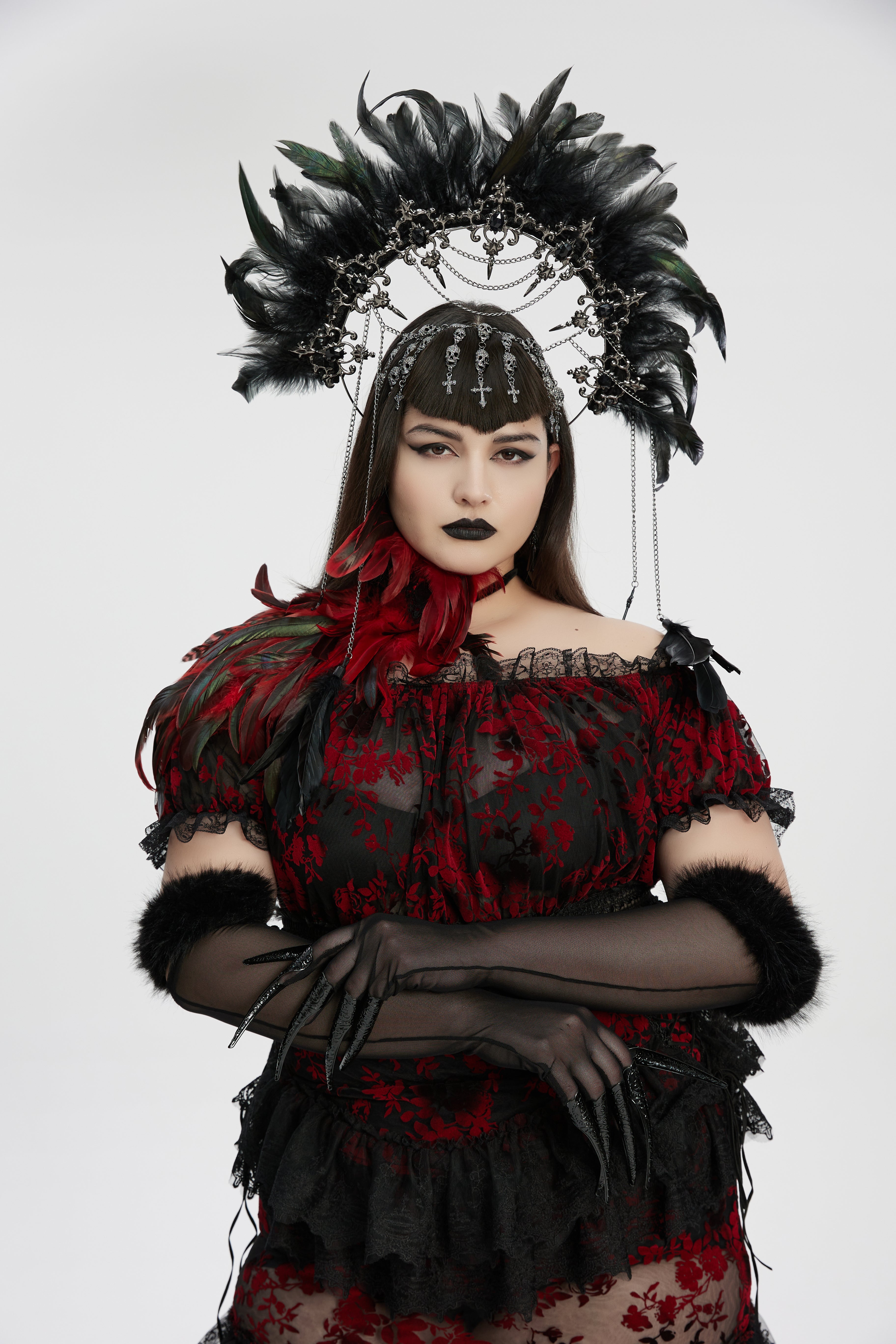 Punk Rave Fluffy Goth Gloves – Opera Length Mesh with Faux Fur Claws