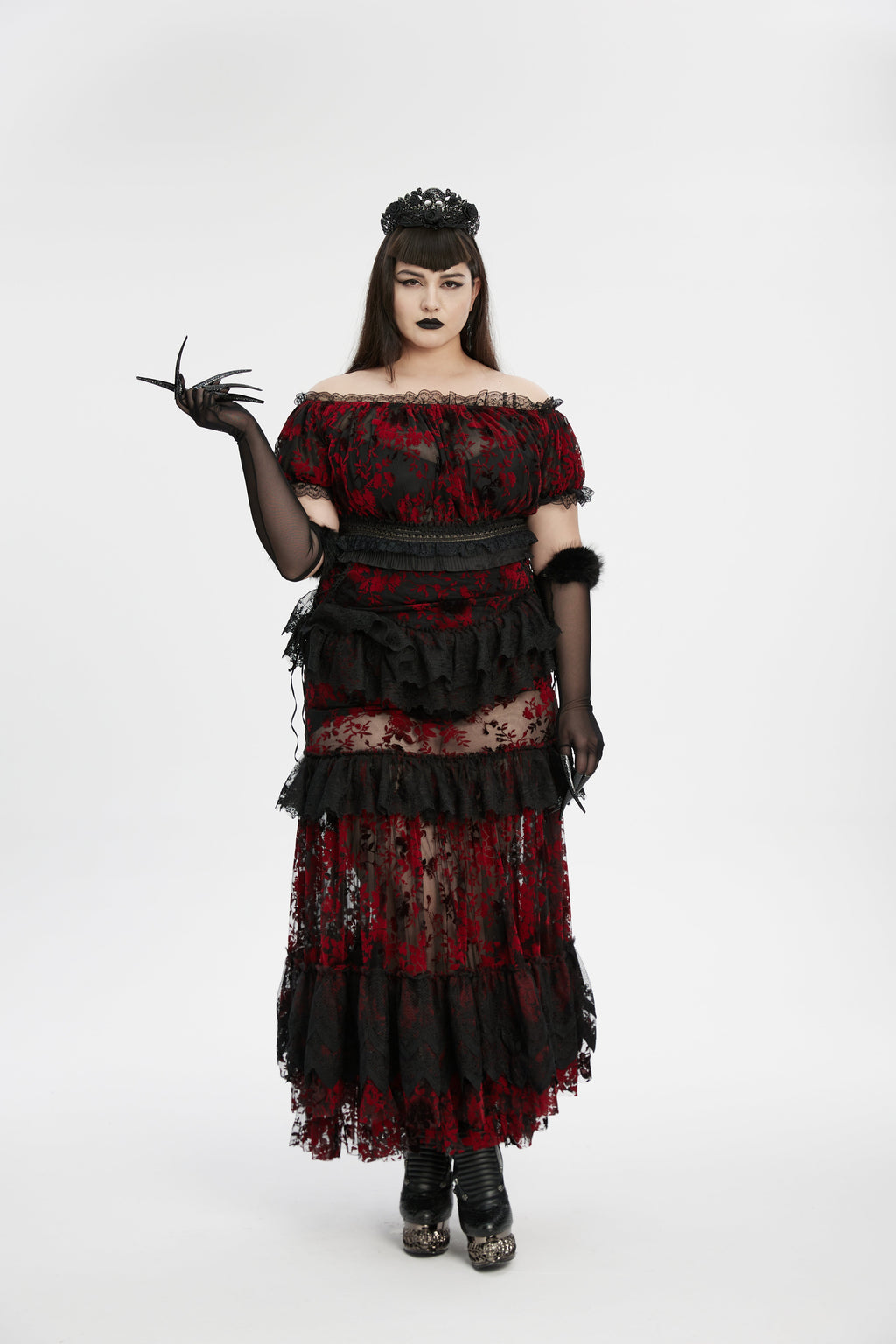 Punk Rave Fluffy Goth Gloves – Opera Length Mesh with Faux Fur Claws