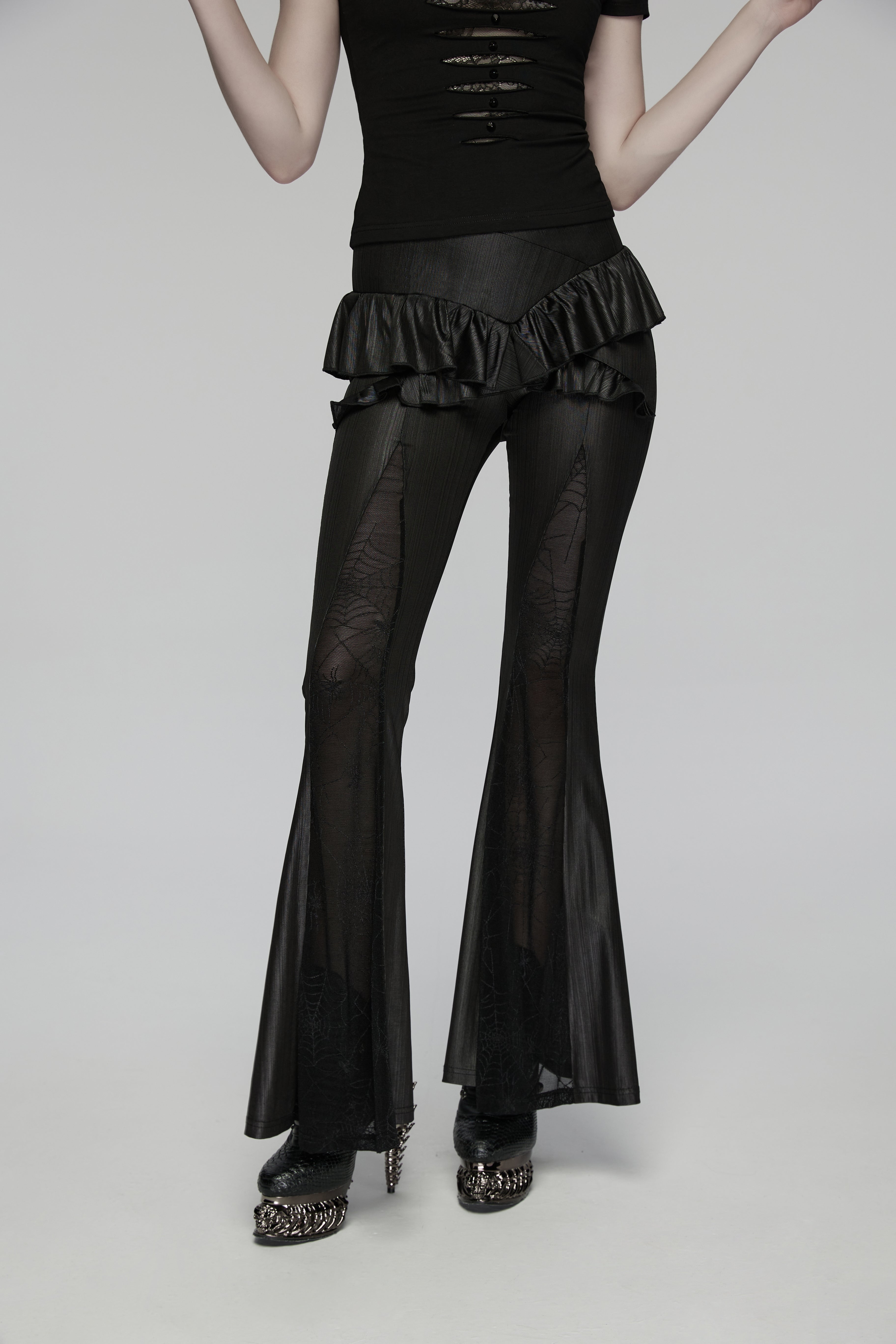 Punk Rave Bellatrix Goth Flared Pants – Spiderweb Mesh High-Waisted