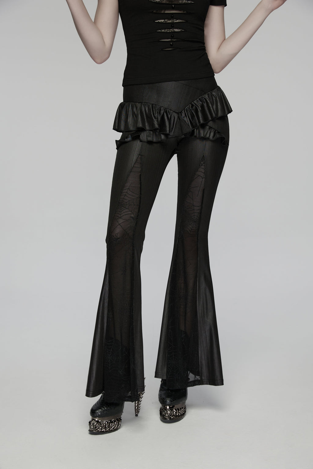Punk Rave Bellatrix Goth Flared Pants – Spiderweb Mesh High-Waisted