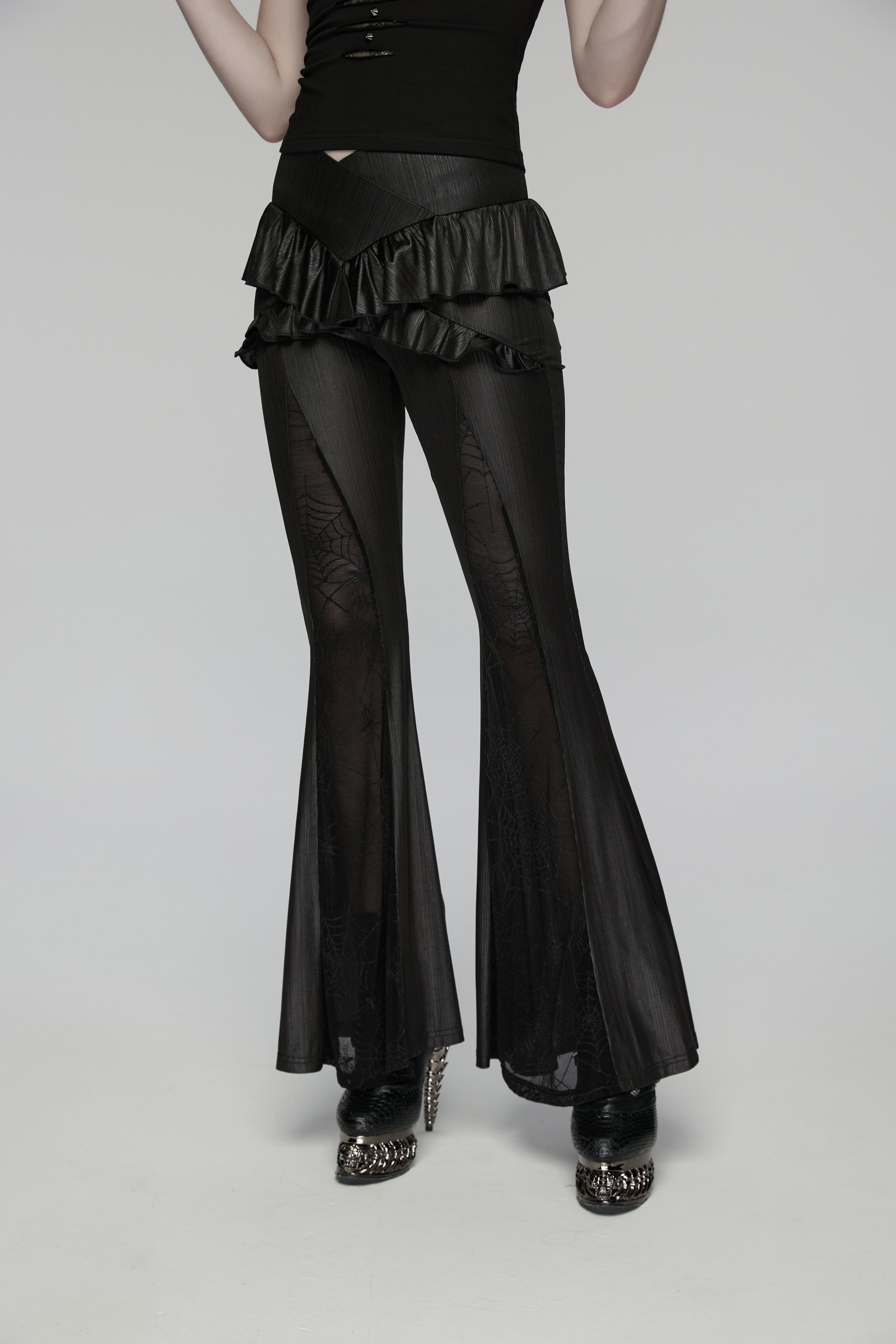 Punk Rave Bellatrix Goth Flared Pants – Spiderweb Mesh High-Waisted