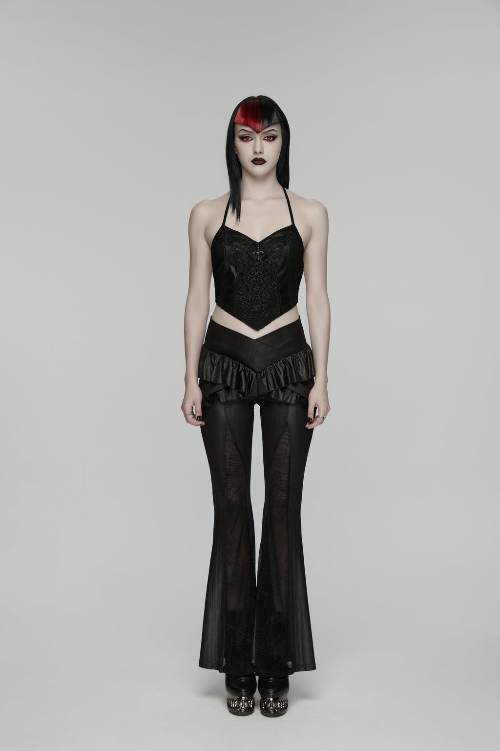 Punk Rave Bellatrix Goth Flared Pants – Spiderweb Mesh High-Waisted