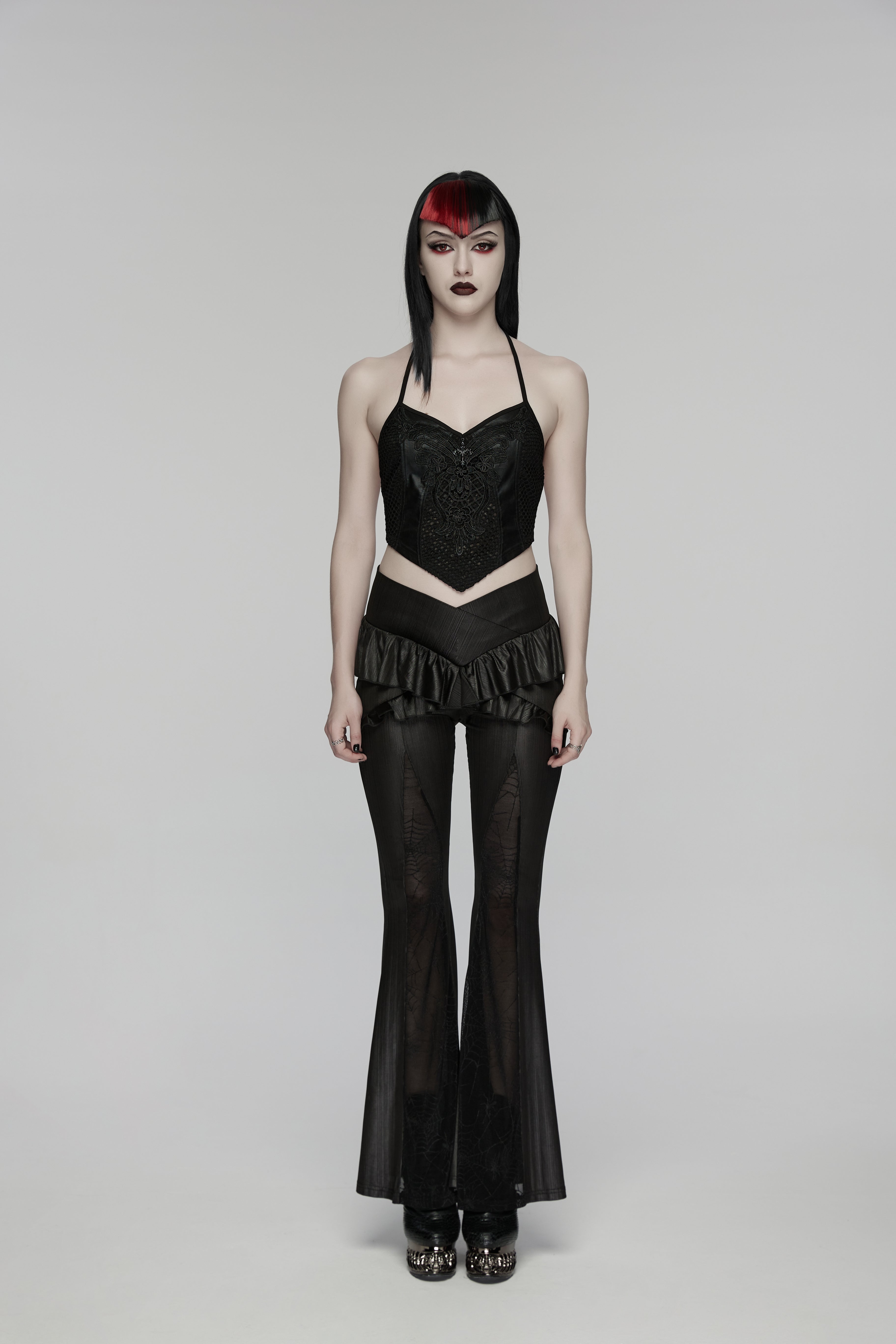 Punk Rave Bellatrix Goth Flared Pants – Spiderweb Mesh High-Waisted