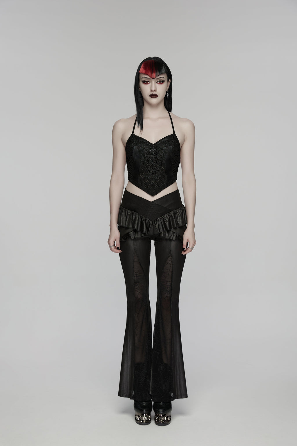 Punk Rave Goth Camisole Top – Lace and Mesh Embroidered Halter
