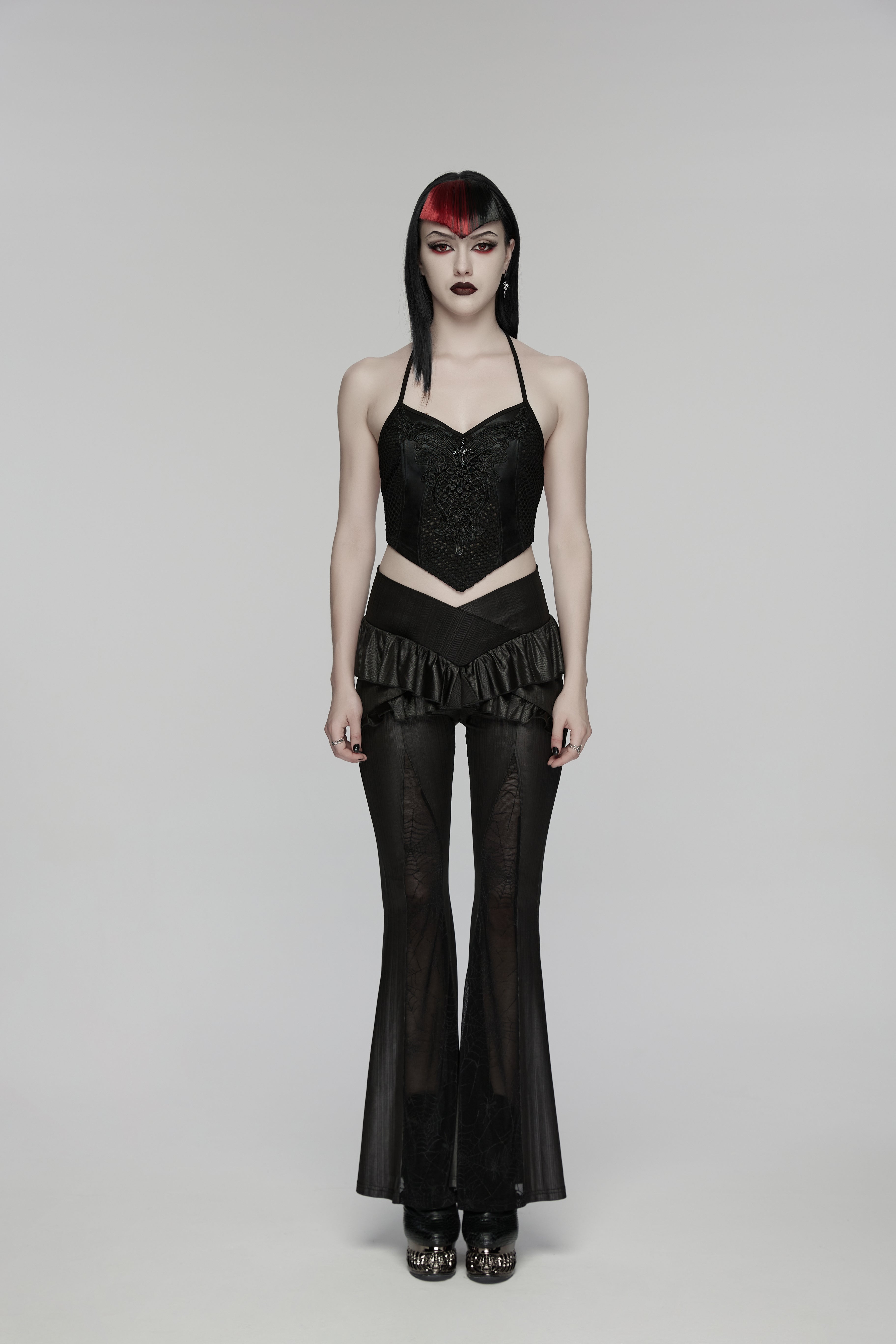Punk Rave Goth Camisole Top – Lace and Mesh Embroidered Halter