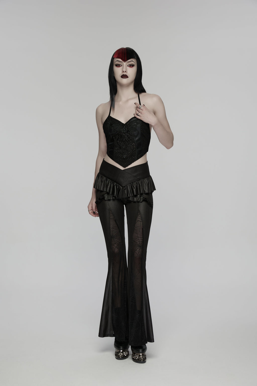 Punk Rave Bellatrix Goth Flared Pants – Spiderweb Mesh High-Waisted