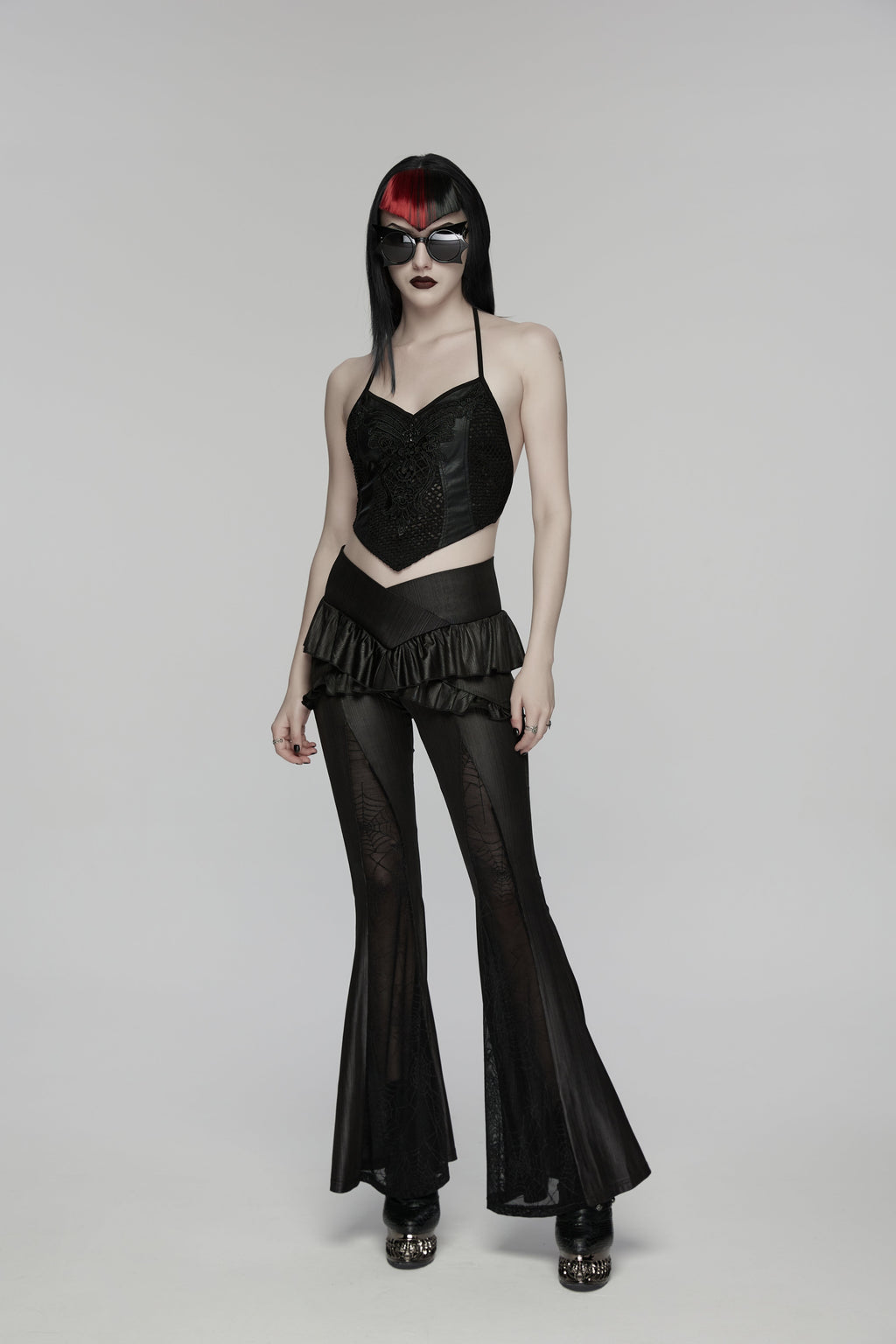 Punk Rave Bellatrix Goth Flared Pants – Spiderweb Mesh High-Waisted