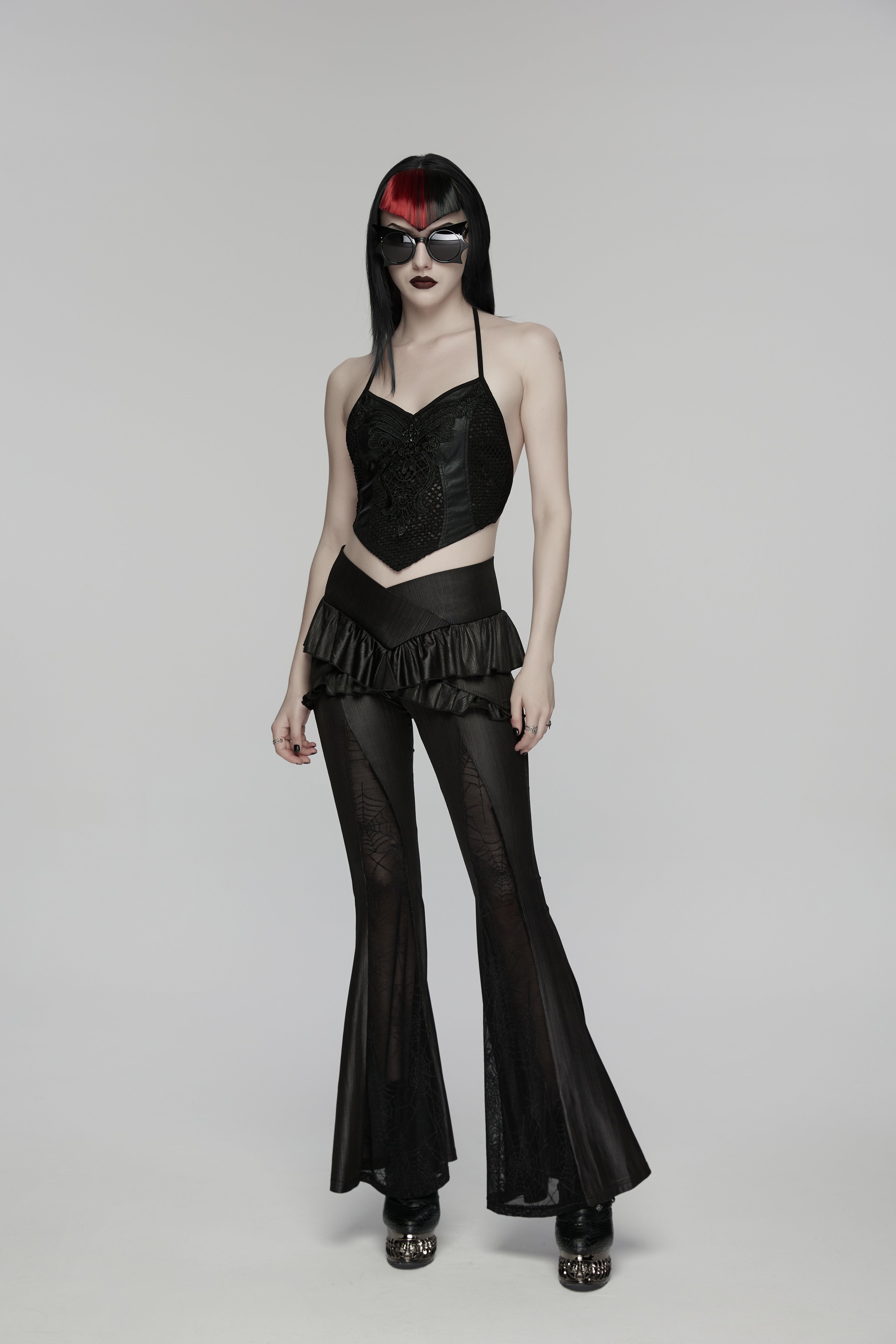 Punk Rave Bellatrix Goth Flared Pants – Spiderweb Mesh High-Waisted