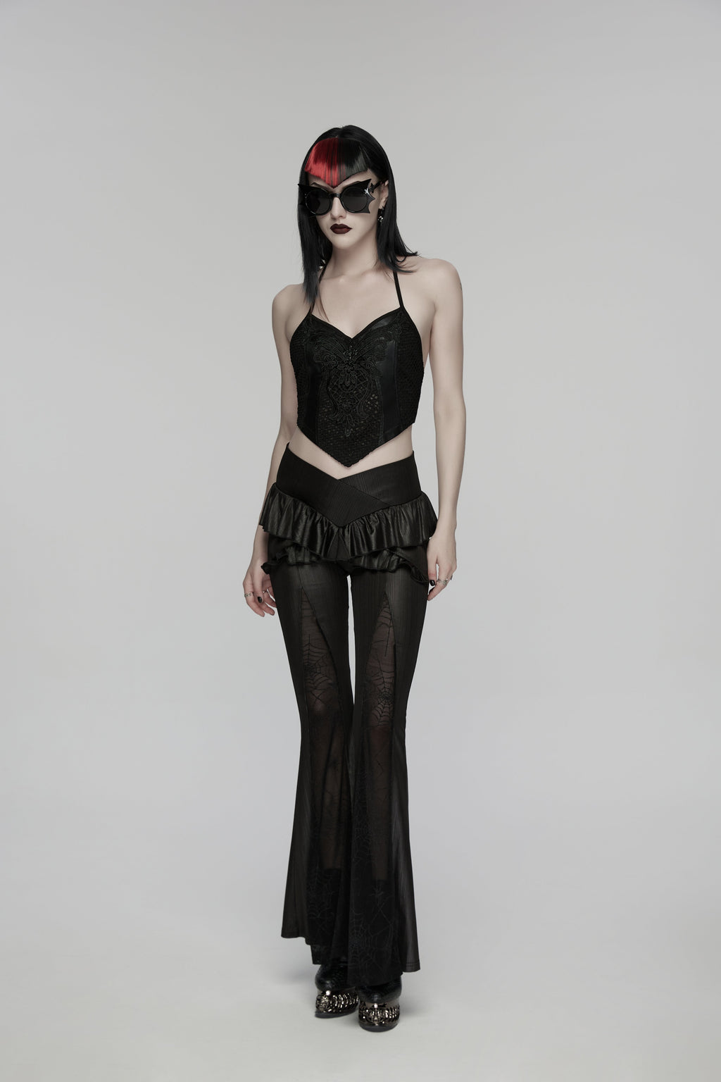 Punk Rave Goth Camisole Top – Lace and Mesh Embroidered Halter