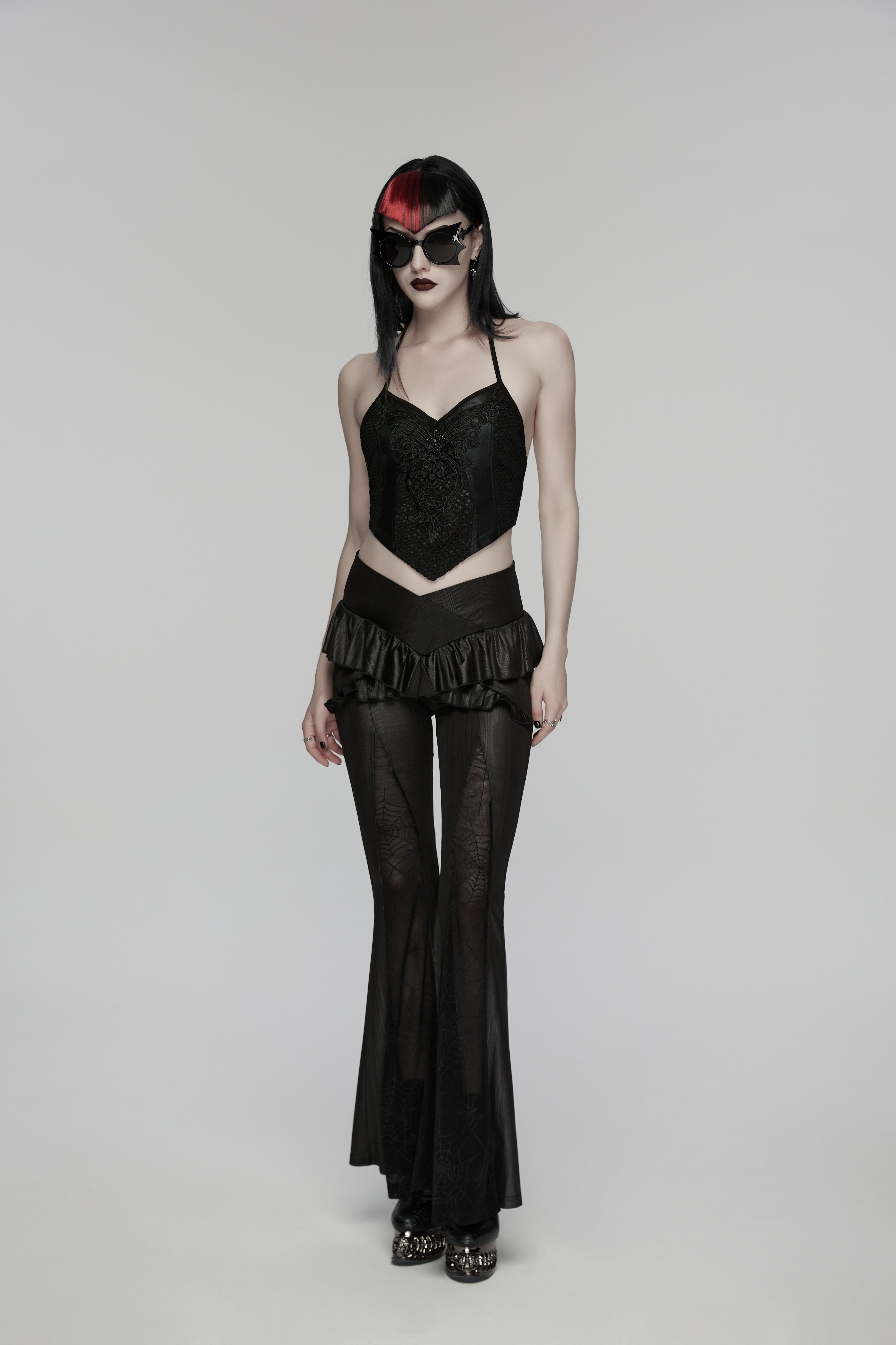 Punk Rave Goth Camisole Top – Lace and Mesh Embroidered Halter