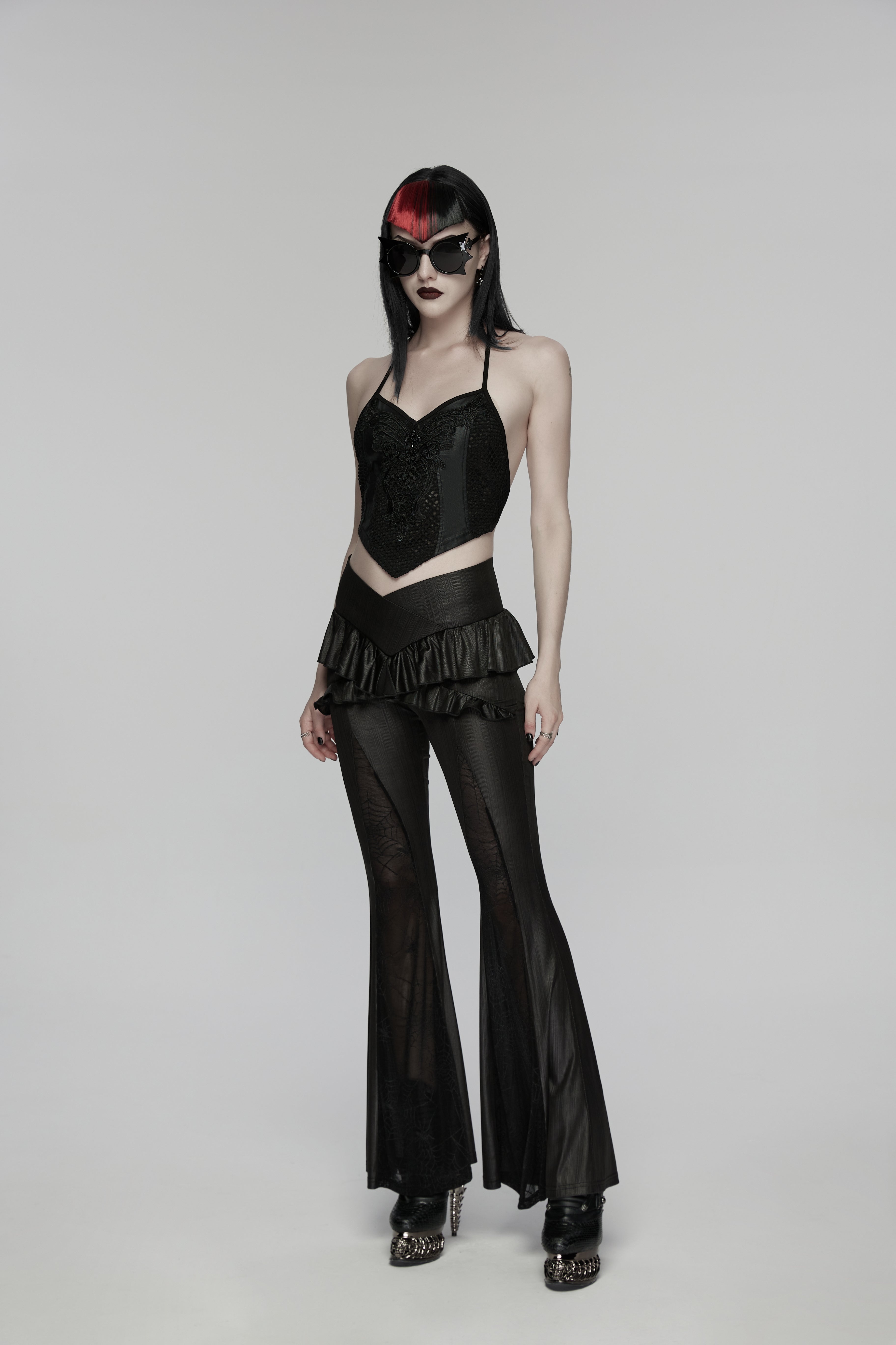 Punk Rave Goth Camisole Top – Lace and Mesh Embroidered Halter