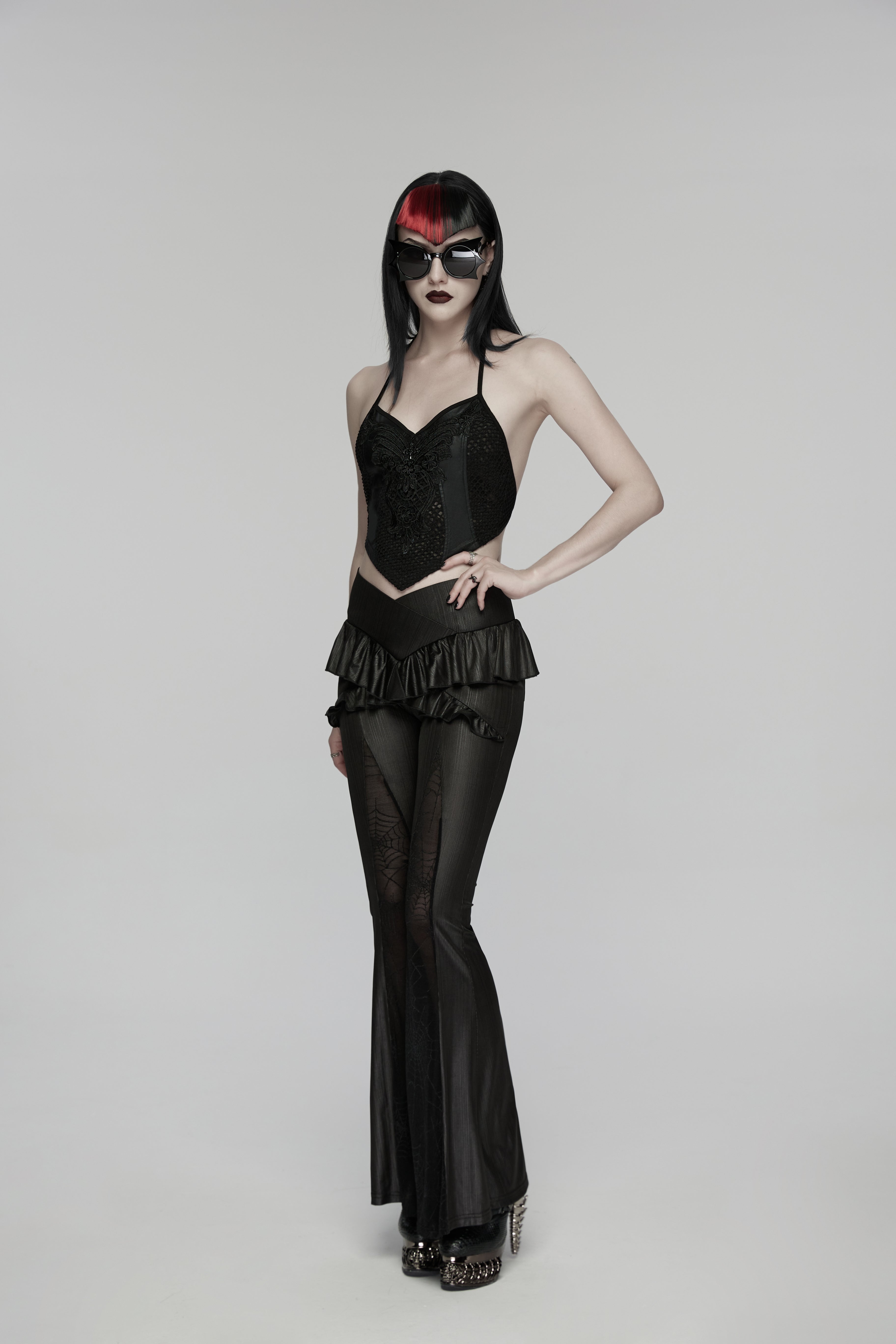 Punk Rave Goth Camisole Top – Lace and Mesh Embroidered Halter