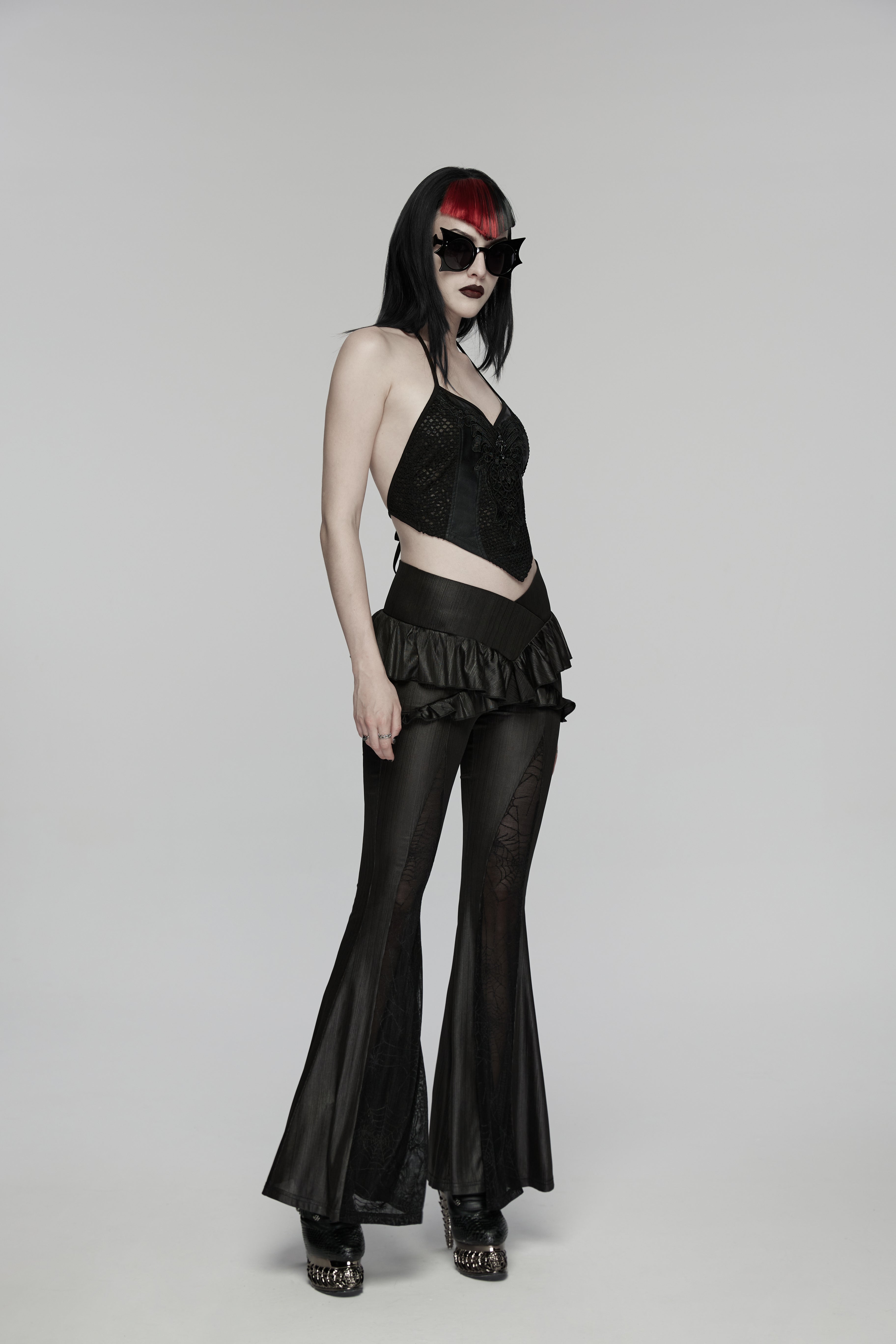 Punk Rave Goth Camisole Top – Lace and Mesh Embroidered Halter