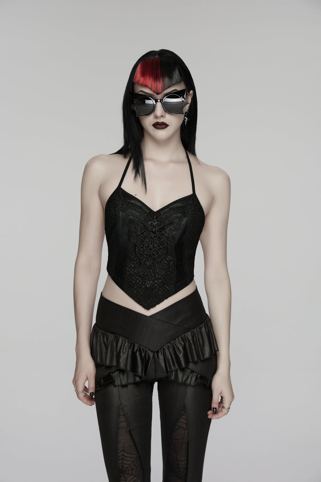 Punk Rave Goth Camisole Top – Lace and Mesh Embroidered Halter
