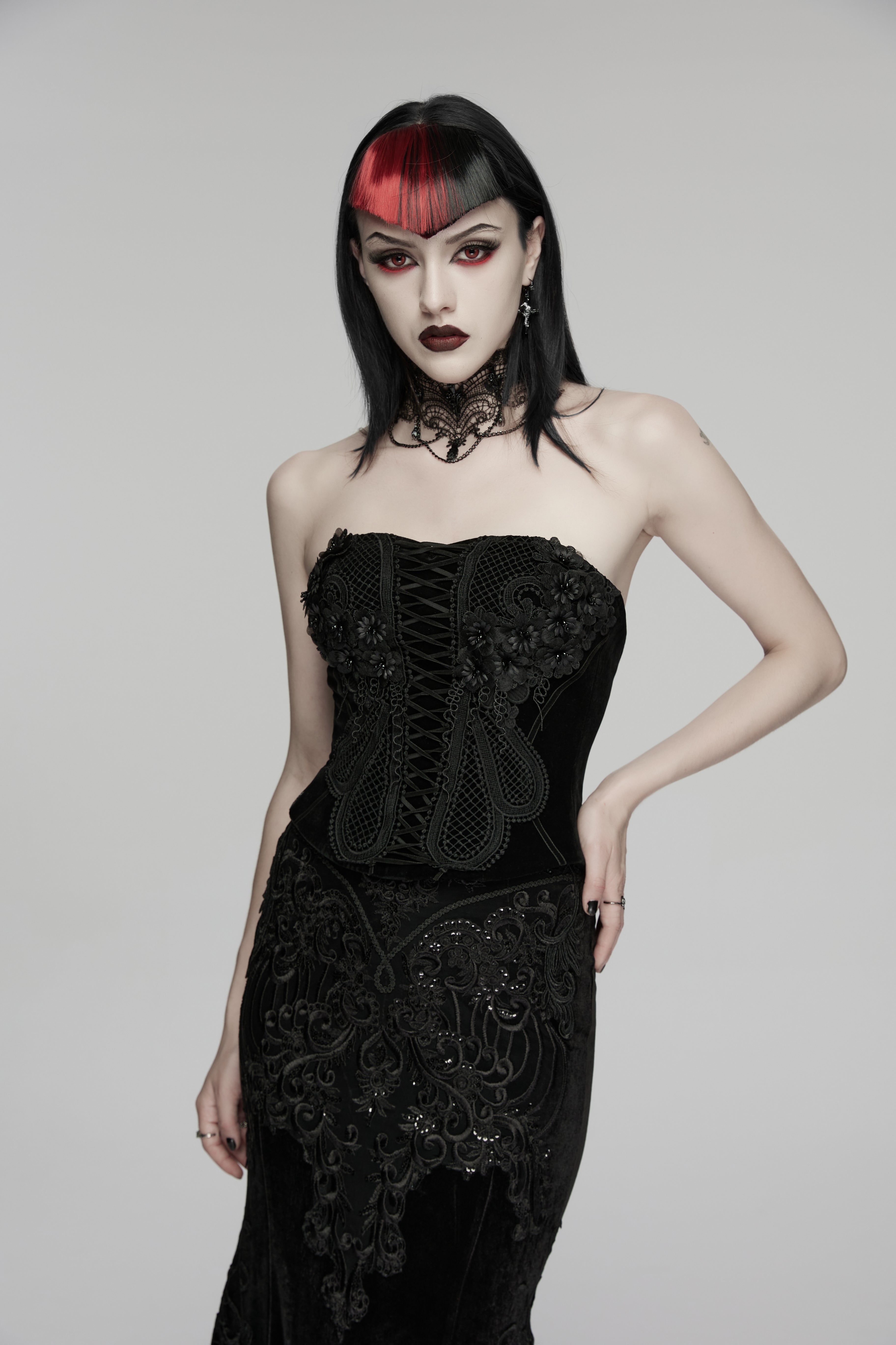 Punk Rave Goth Bat Necklace – Black Lace Victorian Choker with Chains