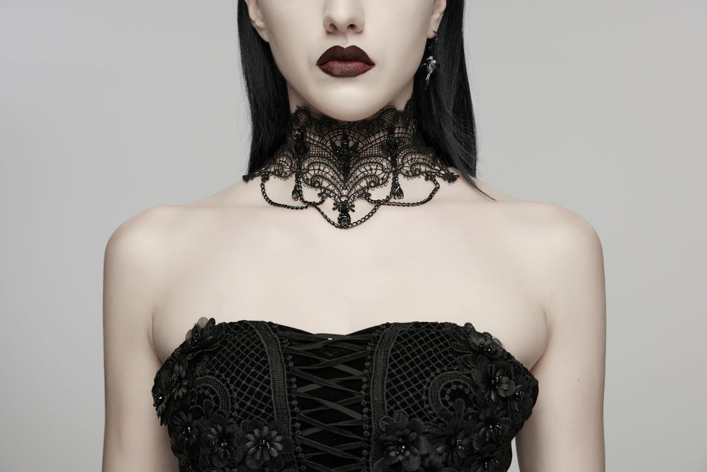 Punk Rave Goth Bat Necklace – Black Lace Victorian Choker with Chains