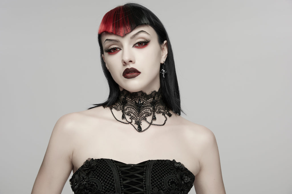 Punk Rave Goth Bat Necklace – Black Lace Victorian Choker with Chains