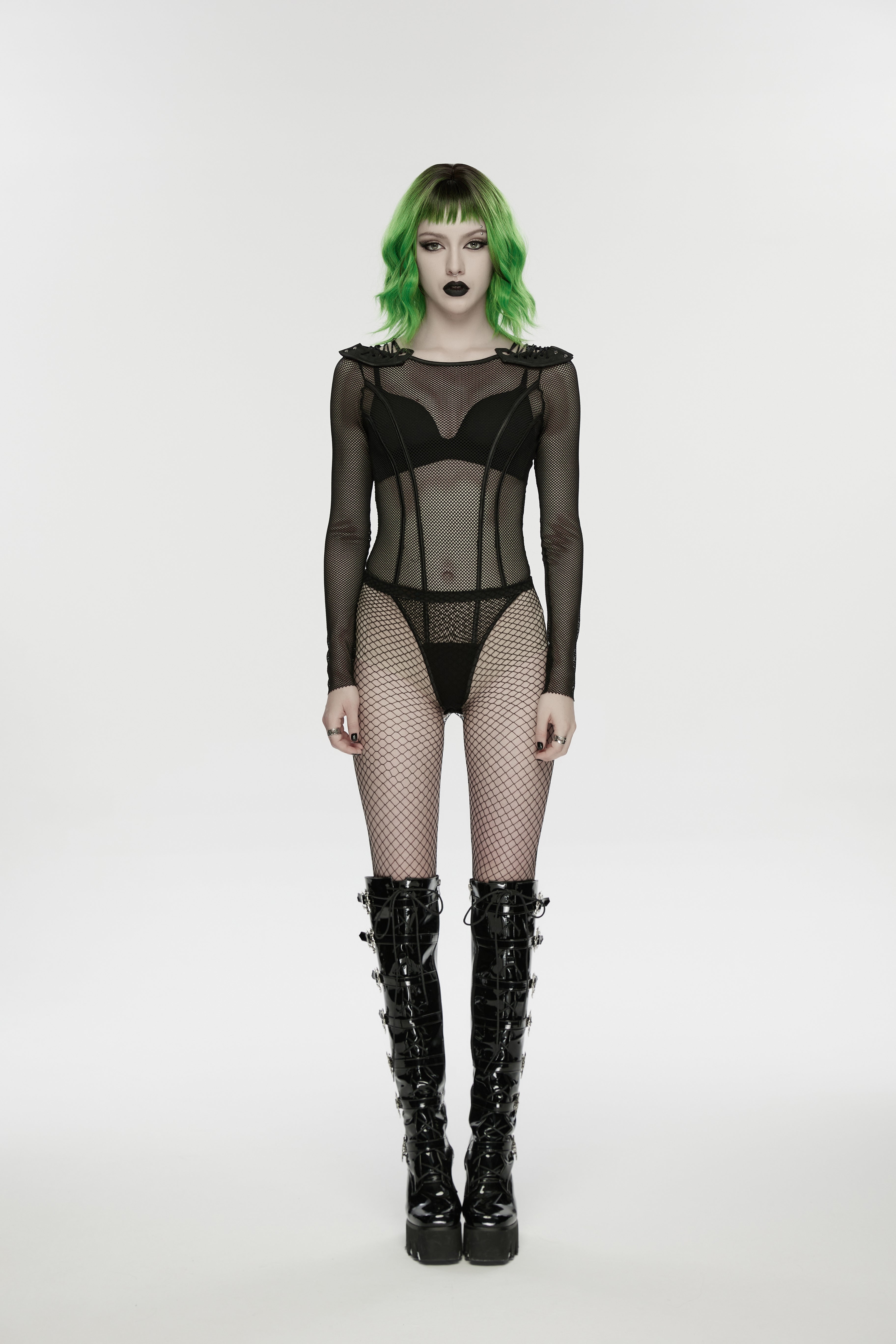 Punk Rave Cyberpunk Armor Mesh Bodysuit – Gothic Long Sleeve Top