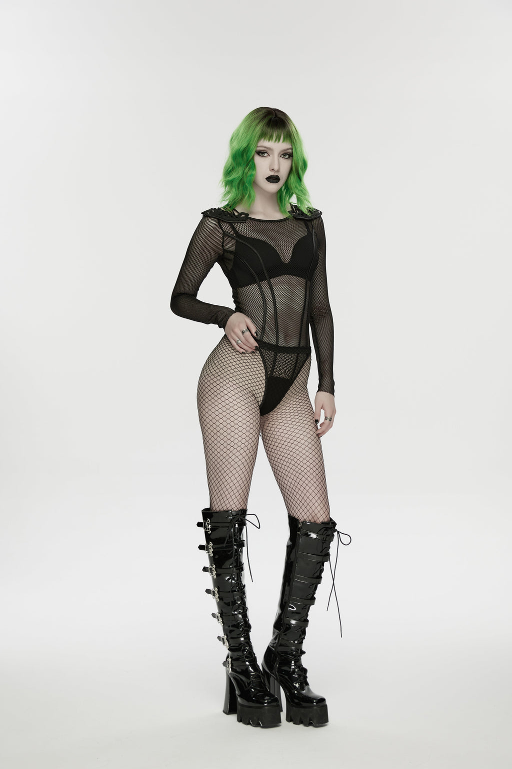 Punk Rave Cyberpunk Armor Mesh Bodysuit – Gothic Long Sleeve Top
