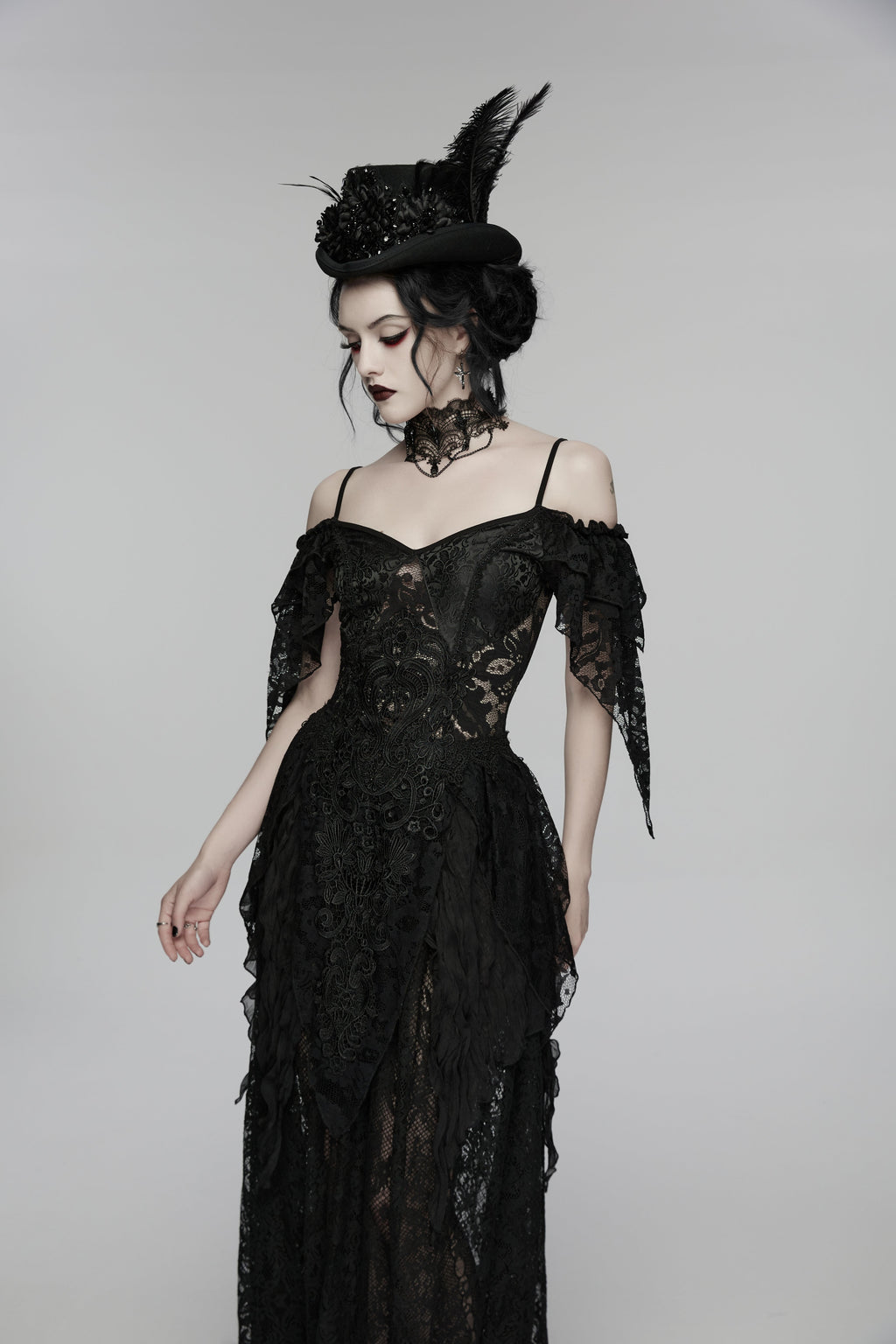 Punk Rave Goth Feather Formal Hat – Gothic Retro Style Wide-Brim Hat