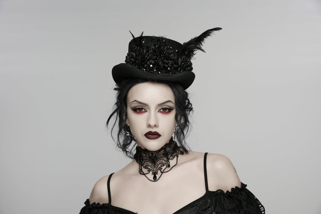 Punk Rave Goth Feather Formal Hat – Gothic Retro Style Wide-Brim Hat