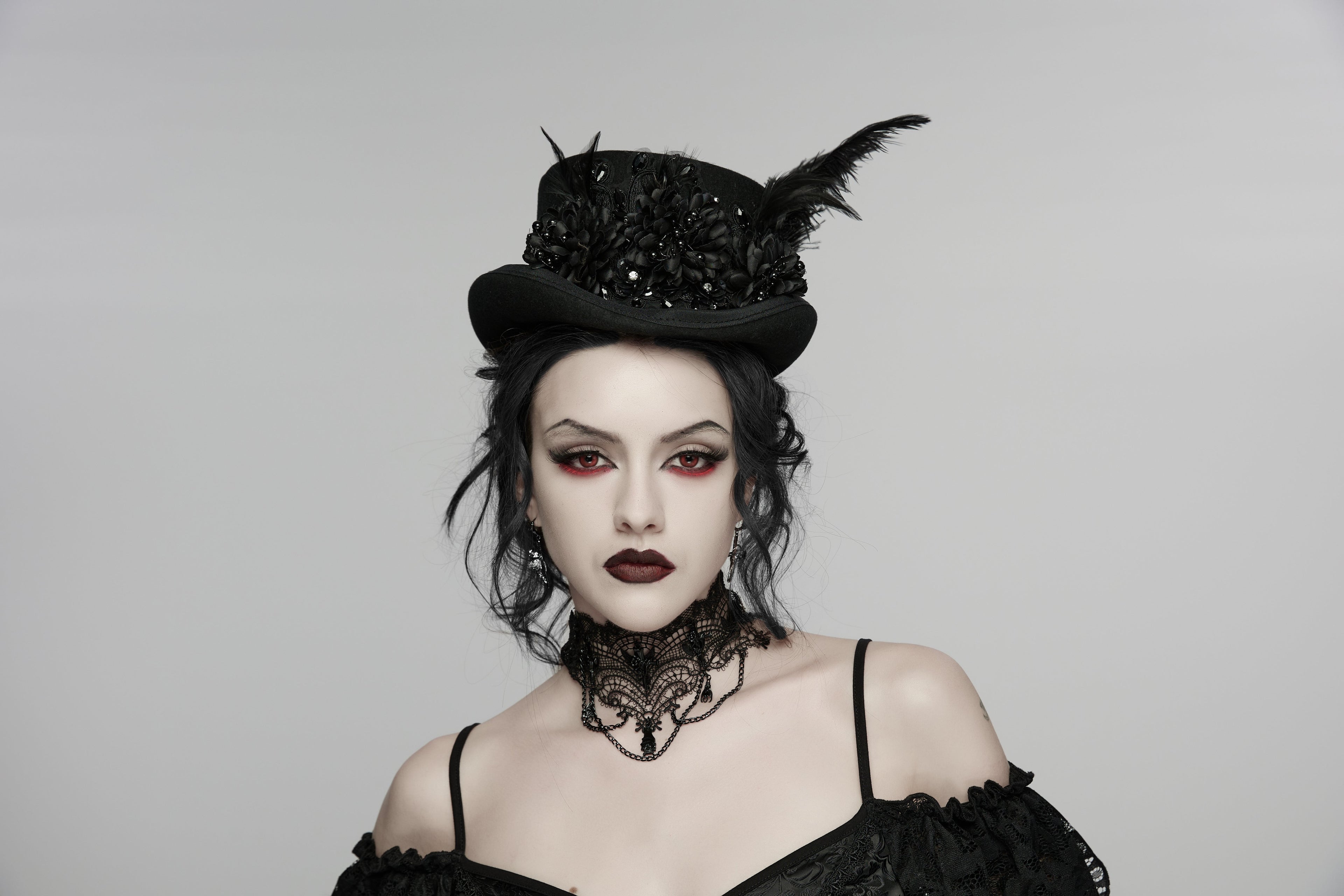 Punk Rave Goth Feather Formal Hat – Gothic Retro Style Wide-Brim Hat